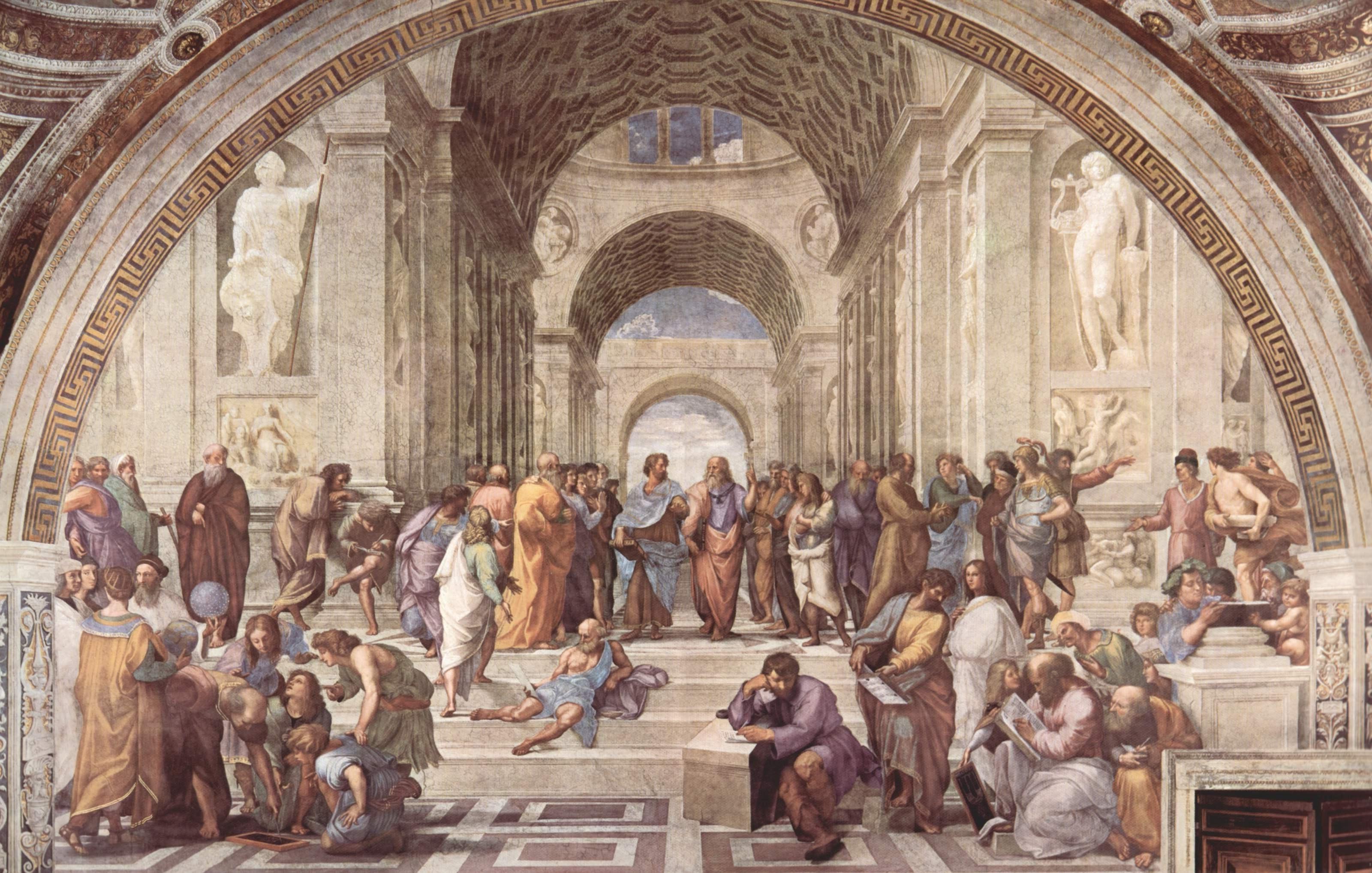 Painting of a large meeting hall full of people.